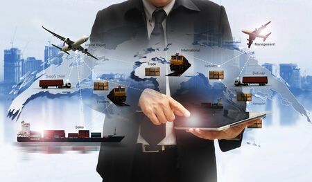 Double exposure of man with world map for logistic network distribution on background and Logistics Industrial Container Cargo freight ship for shipping and Transportation, import-export の写真素材