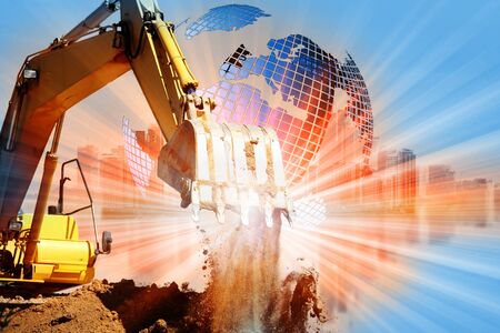 Industrial excavator working on construction siteの写真素材