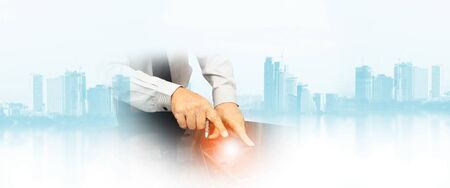 man working in office use smartphone for business background の写真素材