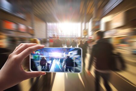 conceptual security and medical health diagnosis quarantine precautionary measures at  international passengers infrared thermal scan imaging camera on immigration and entry after landing.の写真素材