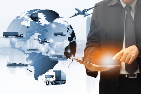 Double exposure of man with world map for logistic network distribution on background and Logistics Industrial Container Cargo freight ship for shipping and Transportation, import-exportの写真素材