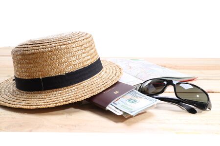 travel concept , summer hat  isolated on white background, clipping path included.の写真素材
