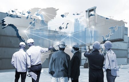 Double exposure of  team engineering  with world map for logistic network distribution concept of...