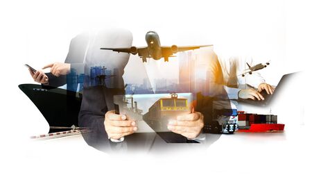 Double exposure of businessman with logistic network background and Container Cargo freight ship for shipping and Transportation, import-exportの写真素材