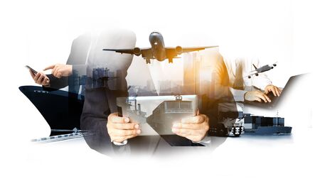 Double exposure of businessman with logistic network background and Container Cargo freight ship for shipping and Transportation, import-exportの写真素材