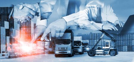 Double exposure of businessman with logistic network background and Container Cargo freight ship for shipping and Transportation, import-exportの写真素材