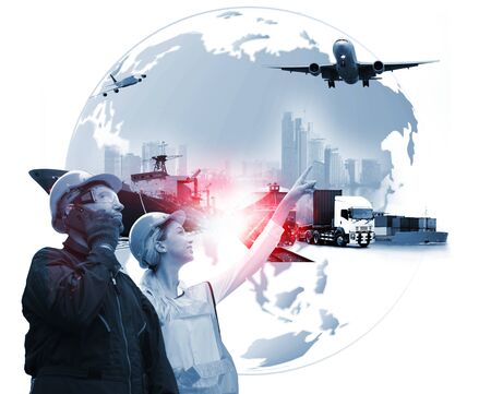 Double exposure of businessman with logistic network background and Container Cargo freight ship for shipping and Transportation, import-exportの写真素材