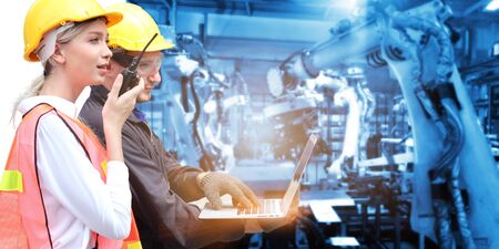 production welding engineer  with  in smart factory background. Mixed media of welding  in the...