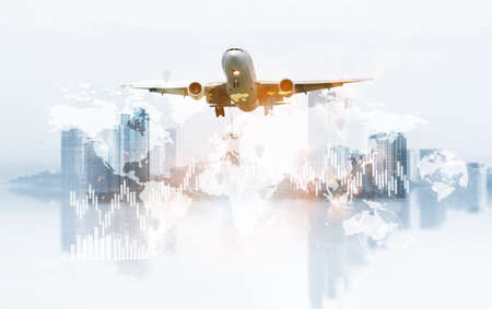 The world logistics, there are world map background and  airplane flying on skyの写真素材