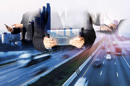 Double exposure of team engineering with world map for logistic network distribution concept of fast or instant shipping, Transportation, import-export and Logisticsの写真素材