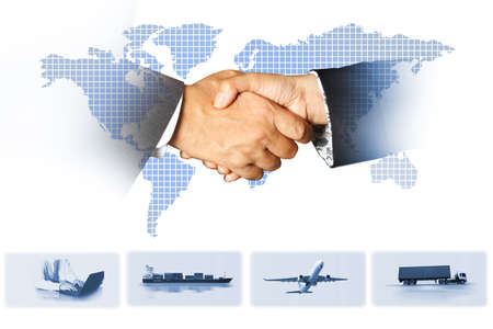 The world logistics , there are world map with logistic network distribution on background and Logistics Industrial Container Cargo freight ship for Concept of fast or instant shippingの写真素材