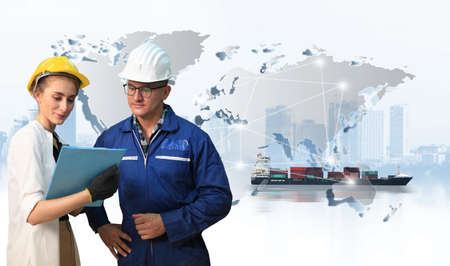 The world logistics , there are world map with logistic network distribution on background and Logistics Industrial Container Cargo freight ship for Concept of fast or instant shippingの写真素材