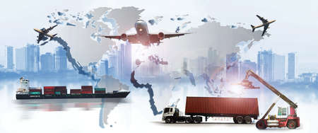 The world logistics , there are world map with logistic network distribution on background and Logistics Industrial Container Cargo freight ship for Concept of fast or instant shippingの写真素材