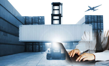 Double exposure of hand man with world map for logistic network distribution on background and Logistics Industrial Container Cargo freight ship for shipping and Transportation, import-exportの写真素材