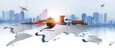 The world logistics , there are world map with logistic network distribution on background and Logistics Industrial Container Cargo freight ship for Concept of fast or instant shippingの写真素材