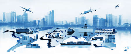 The world logistics , there are world map with logistic network distribution on background and Logistics Industrial Container Cargo freight ship for Concept of fast or instant shippingの写真素材