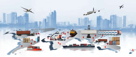 The world logistics , there are world map with logistic network distribution on background and Logistics Industrial Container Cargo freight ship for Concept of fast or instant shippingの写真素材
