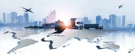 The world logistics , there are world map with logistic network distribution on background and Logistics Industrial Container Cargo freight ship for Concept of fast or instant shippingの写真素材