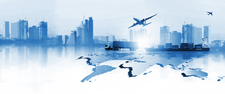 The world logistics , there are world map with logistic network distribution on background and Logistics Industrial Container Cargo freight ship for Concept of fast or instant shippingの写真素材