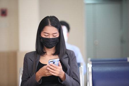 Covid-19 concept. People wearing mask for protect cough with Covid-19 virus outbreak , work from home , new normalの写真素材