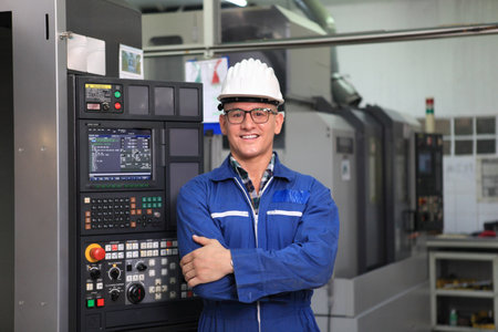Male  Industrial Engineers with  machine. Assist production engineer in industry. He checking or push metalwork control in industrial In a plastic factory for car. Concept Successful of Work.の写真素材