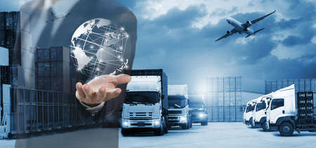 The world logistics  background or transportation Industry or shipping business, Container Cargo  shipment , truck delivery, airplane , import export Concept,Business man working at officeの写真素材