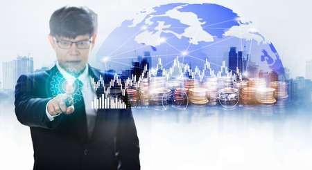 financial consulting and rows of coins for finance and banking concept, world abstract technology big data background concept.  digital data , Transferring of big data. Transfer and storage of data sets, hi-speed internet , block chainの写真素材