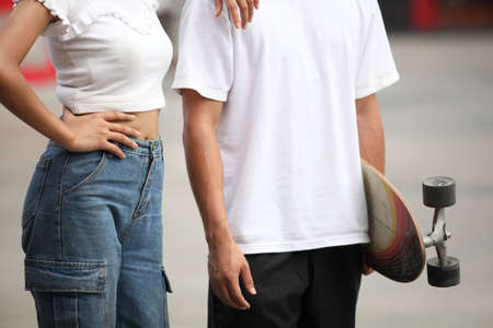 Close-up leg on surf skate or skateboard , Sport activity lifestyle concept, Sexy surf girl with...