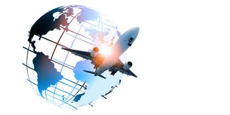 white  plane on the world map,Airplane fly around the planet Earth.の写真素材