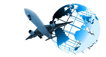 white  plane on the world map,Airplane fly around the planet Earth.の写真素材