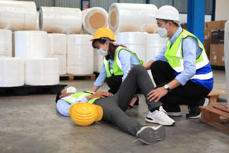 Dangerous accident in warehouse during work , worker accident factory , safety first for workingの写真素材
