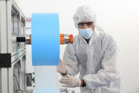 Production engineer with face mask working in factory , Qc engineer checking mask for good qualityの写真素材