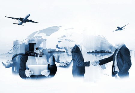 Business logistics or industry logistics and man working on logistics background ,  logistic network distribution on  Logistics Industrial Container Cargo freight ship for Concept or instant shippingの写真素材