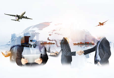 Business logistics or industry logistics and man working on logistics background ,  logistic network distribution on  Logistics Industrial Container Cargo freight ship for Concept or instant shippingの写真素材