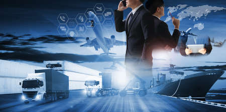 Double exposure of businessman work  heavy industry and safety concept container truck ,ship in port and freight cargo plane in transport and import-export commercial logistic ,shipping business industryの写真素材