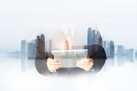 Photo of businessman working . Double exposure photo of business people working and rushing in office, International finance consulting concept. Double exposureの写真素材