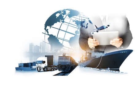 Double exposure of businessman work  industry and safety concept container truck ,ship in port and freight cargo plane in transport and import-export commercial logistic ,shipping business industryの写真素材