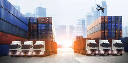 Double exposure of work area  industry and safety concept container truck ,ship in port and freight cargo plane in transport and import-export commercial logistic ,shipping business industryの写真素材