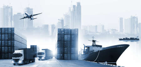 Double exposure of work area  industry and safety concept container truck ,ship in port and freight cargo plane in transport and import-export commercial logistic ,shipping business industryの写真素材