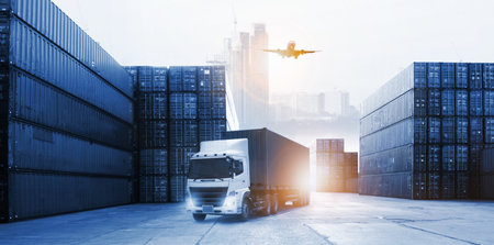 Double exposure of work area  industry and safety concept container truck ,ship in port and freight cargo plane in transport and import-export commercial logistic ,shipping business industryの写真素材