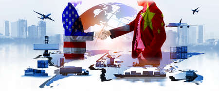 Businessman shake hands, china-usa trade war , The world logistics , logistic network distribution,transportation,delivery,shipping,import export conceptの写真素材