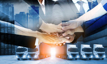 Double exposure of business teamwork  industry of container truck ,ship in port and freight cargo plane in transport and import-export commercial logistic ,shipping business industryの写真素材