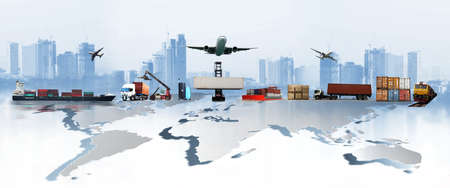 The world logistics , there are world map with logistic network distribution on background and Logistics Industrial Container Cargo freight ship for Concept of fast or instant shippingの写真素材