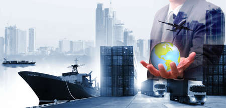 Double exposure of work area  industry and safety concept container truck ,ship in port and freight cargo plane in transport and import-export commercial logistic ,shipping business industryの写真素材