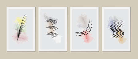 Set of creative nature watercolor paint  illustrations for wall decoration, postcard or brochure cover design. Vector EPS10.のイラスト素材