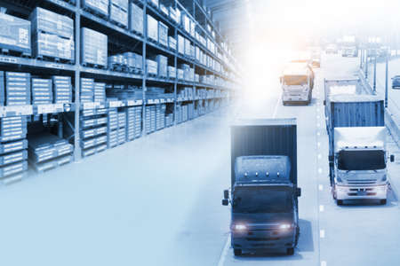 Double exposure of driver operator delivery industry and logistics concept container truck  and freight cargo plane in transport and import-export commercial logisticの写真素材