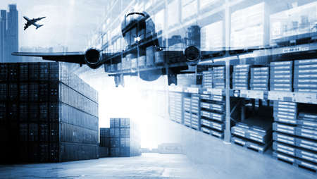 Double exposure of delivery industry and logistics concept container truck ,ship in port and freight cargo plane in transport and import-export commercial logisticの写真素材