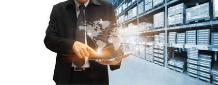 Double exposure of delivery industry and logistics concept container truck ,ship in port and freight cargo plane in transport and import-export commercial logisticの写真素材