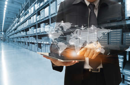 Double exposure of delivery industry and logistics concept container truck ,ship in port and freight cargo plane in transport and import-export commercial logisticの写真素材