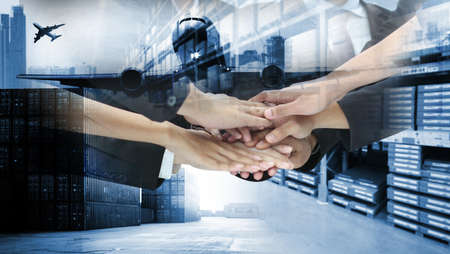 Double exposure of delivery industry and logistics concept container truck ,ship in port and freight cargo plane in transport and import-export commercial logisticの写真素材